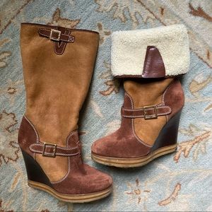 DSQUARED2 Shearling Lined Suede Wedge Ankle/Tall Boots Wooden Heel Wool Brown